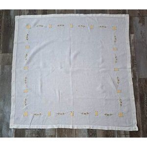 Vintage Square Tea Tablecloth Linen Embroidered White Yellow Roses 31x31